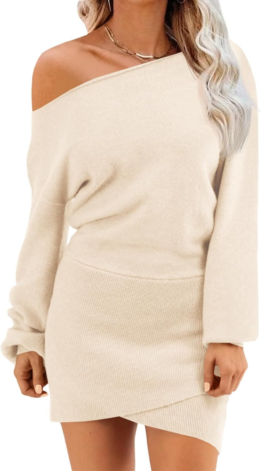 Wenrine Women's Off The Shoulder Fall Winter Mini Pullover Sweater Dress | Amazon (US)