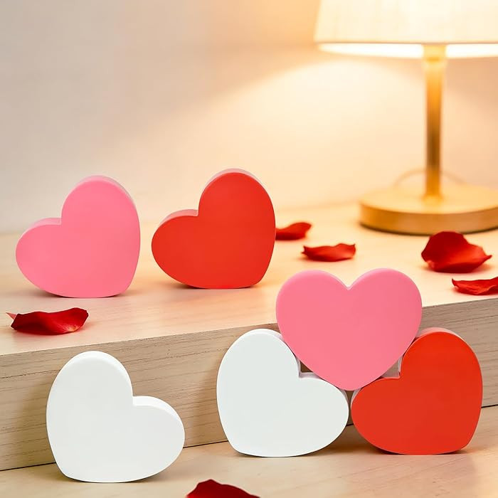 Valentines Day Hearts Decorations for the Home Table 6 PCS, Red Pink White Wooden Heart Shaped Si... | Amazon (US)