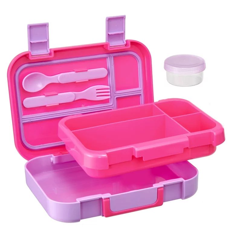 Your Zone Plastic Bento Box with 4 Compartments, 1 Fork, 1 Spoon, 1 Dressing Container, Pink | Walmart (US)
