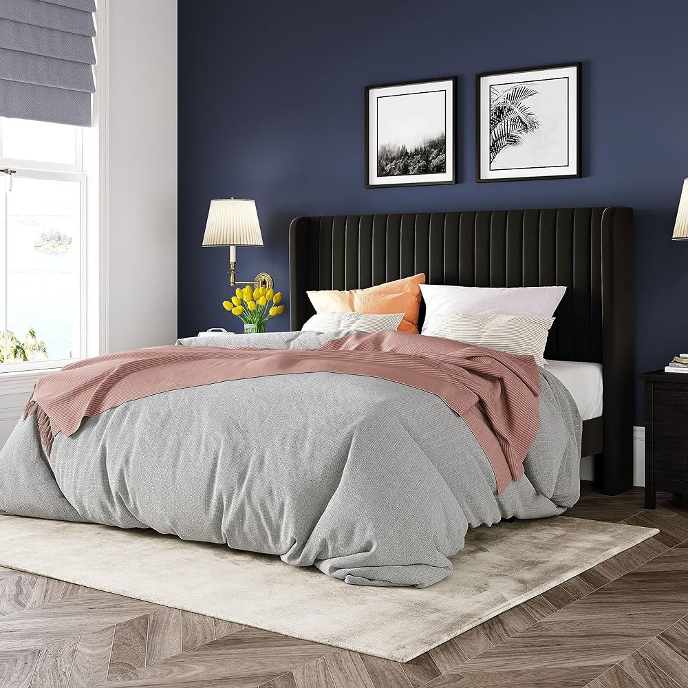 Allewie Queen Size Velvet Bed Frame/Vertical Channel Tufted Wingback Headboard/Upholstered Platfo... | Amazon (US)