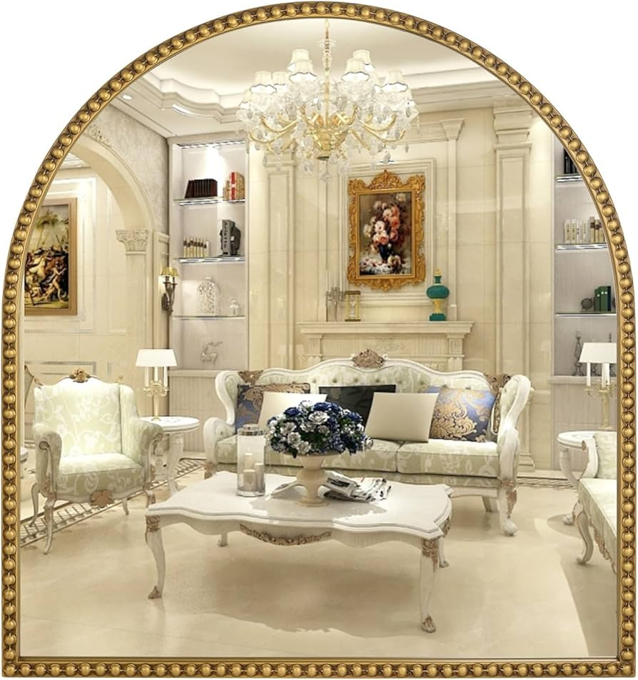 33x31 Inch Arched Bathroom Mirror, Antique Gold Wall Mirror Metal Beaded Frame, Vanity Mirror for... | Amazon (US)