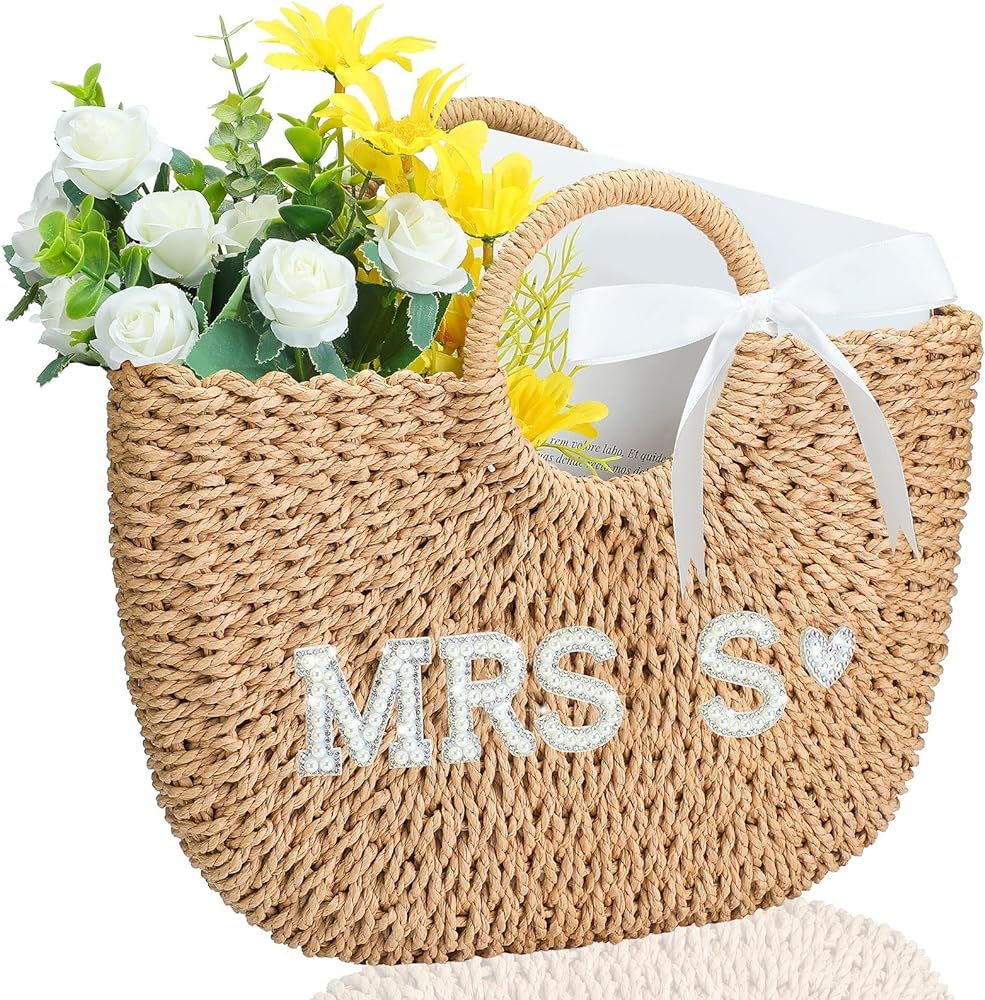 Bride Straw Tote Initial Mrs Beach Bag Purses Pearl Letter Handbags Wedding Honeymoon Bachelorett... | Amazon (US)