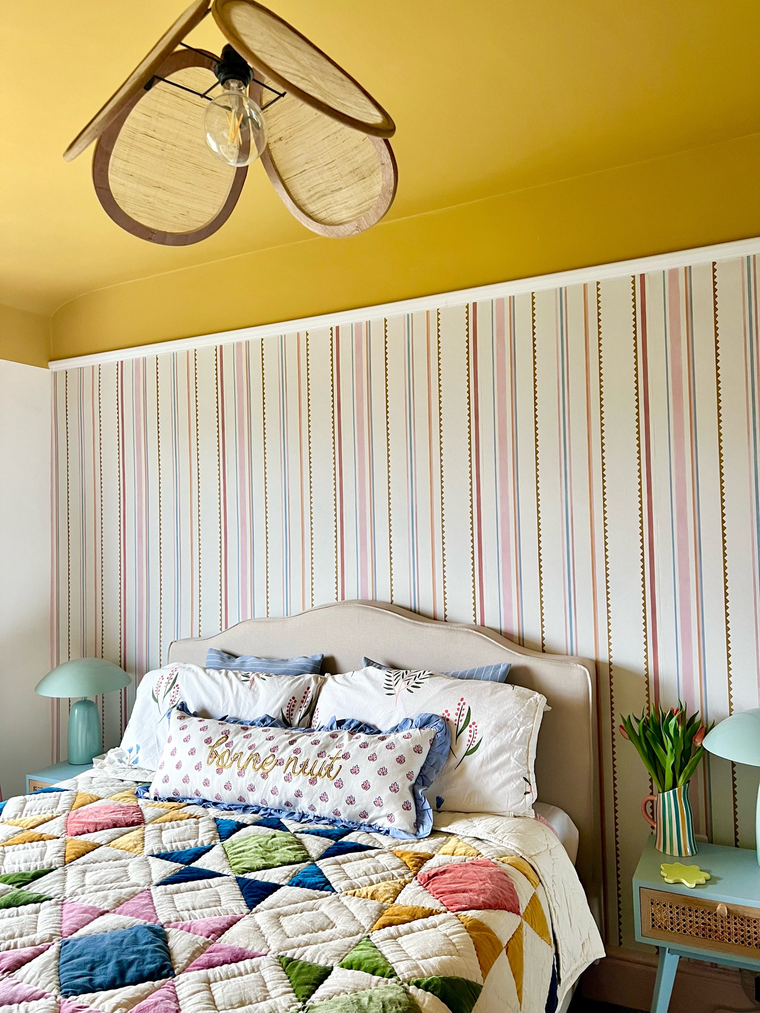 Patchwork quilt, patterned bedspread, bedding, statement ceiling light, pendant 

#LTKhome #LTKeurope