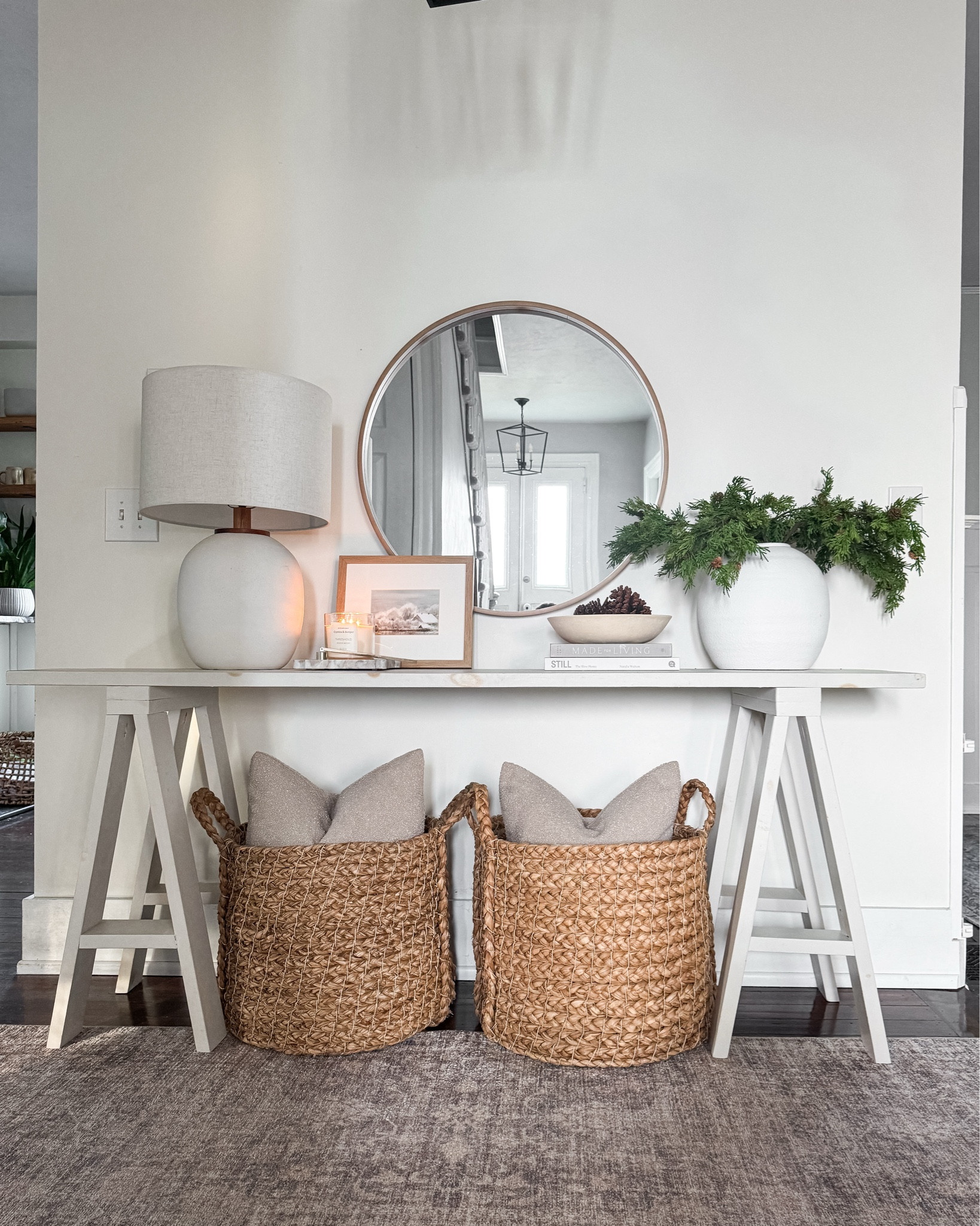 Embracing cozy winter neutrals while we wait for spring—shop this simple, layered console table look for an easy seasonal refresh 🤍

winter console table, neutral home decor, entryway styling, modern farmhouse decor, console table decor, neutral winter decor, woven baskets, round mirror, table lamp decor, simple home styling 

 #LTKSeasonal #LTKHome