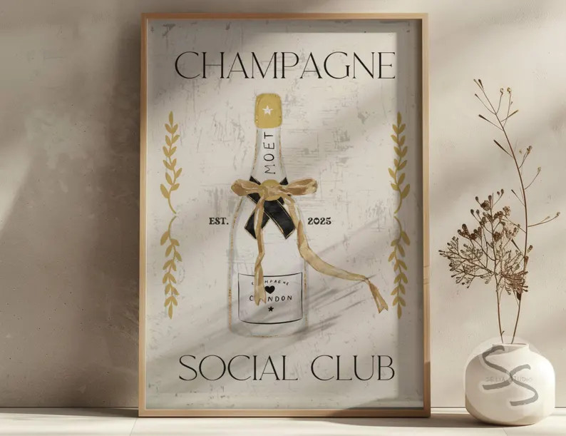 Trendy New Years Champagne Print Minimalist Champagne Social Club Poster Retro Holiday Wall Decor... | Etsy (US)