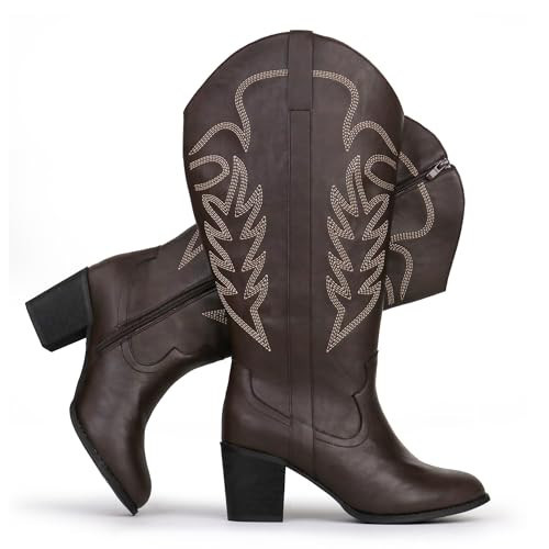 Chicblooms Women's Extra Wide Calf Cowboy Boots Embroidered Western Cowgirl Knee High Boots, Coffee PU, 7.5 M US | Amazon (US)