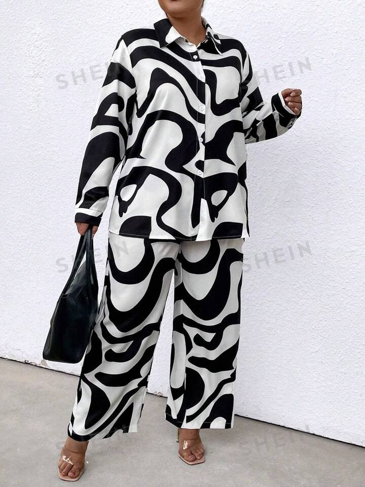 SHEIN LUNE Plus Size Full Print Long Sleeve Shirt And Pants Set | SHEIN