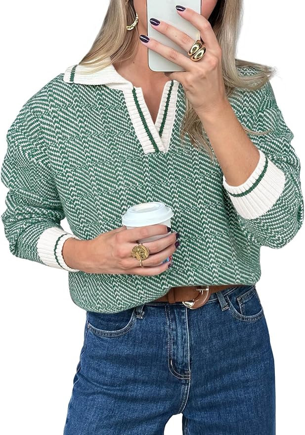 Saodimallsu Womens Fall Sweaters Tops Lapel V Neck Knit Sweater Color Block Long Sleeve Casual So... | Amazon (US)