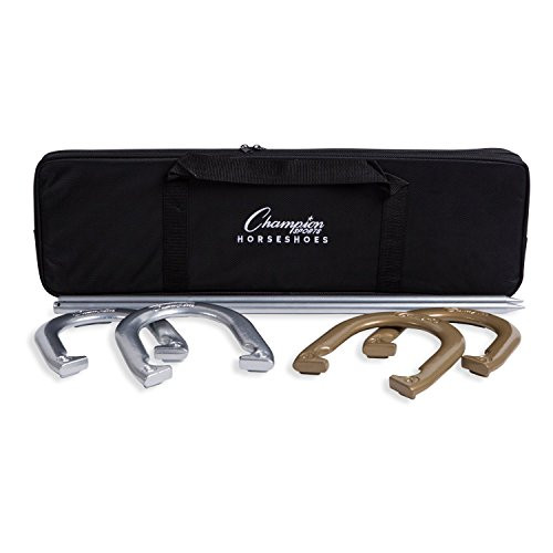 Champion Sports Tournament Horseshoe Set: Classic Outdoor Lawn Game includes Two Chrome & Two Brass Plated Professional Horseshoes with Solid Steel Stakes & Carrying Case | Amazon (US)