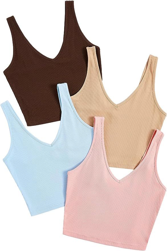 Milumia Women's 4 Pack Ribbed Knit V Neck Sleeveless Plain Fitted Crop Tank Top Set | Amazon (US)