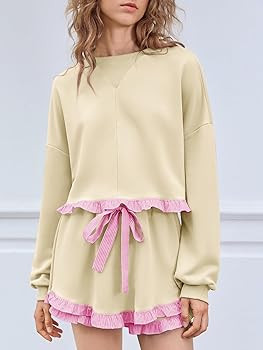 Fisoew Women's 2 Piece Lounge Sets Color Block Ruffle Cropped Sweatshirts Loose Drawstring Waist ... | Amazon (US)