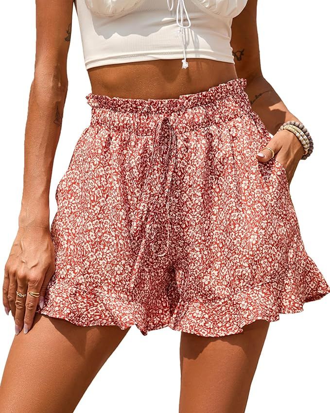 BTFBM Women's Summer Shorts 2024 Floral Elastic High Waisted Belted Casual Beach Ruffle Short Lou... | Amazon (US)