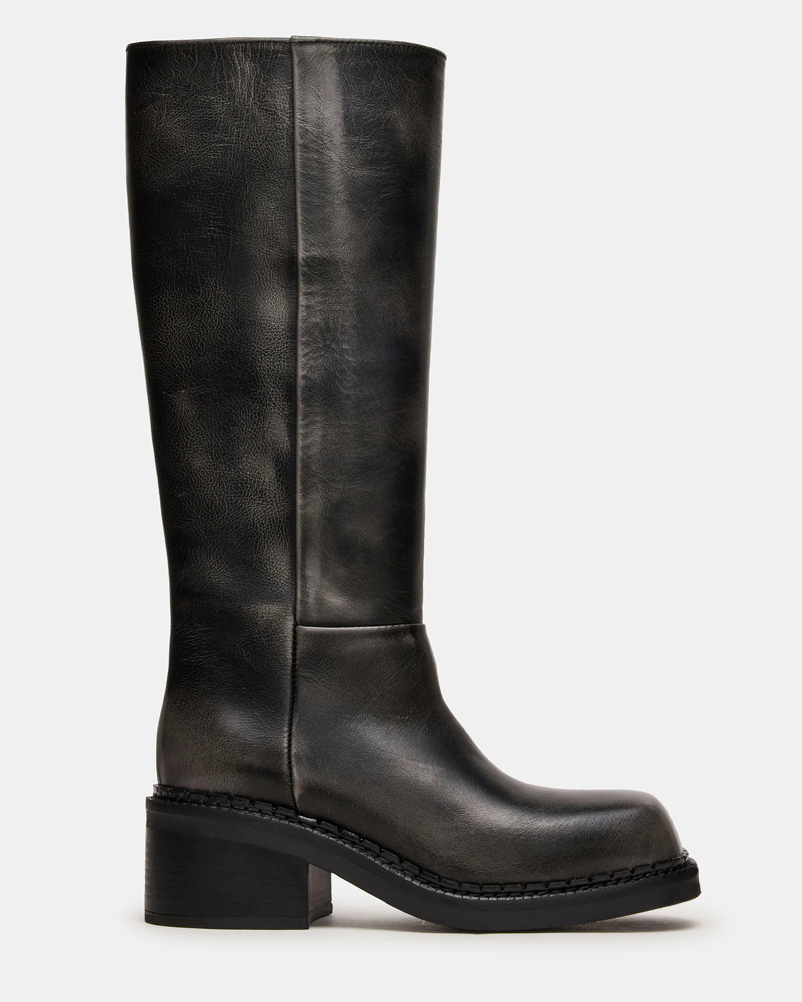 DAVOS Black Distressed Square-Toe Knee High Block Heel Women's Boot | Steve Madden (US)