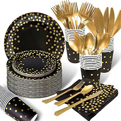 175PCS Black and Gold Party Supplies, Severs 25 Disposable Party Dinnerware, Gold Plastic Forks K... | Amazon (US)