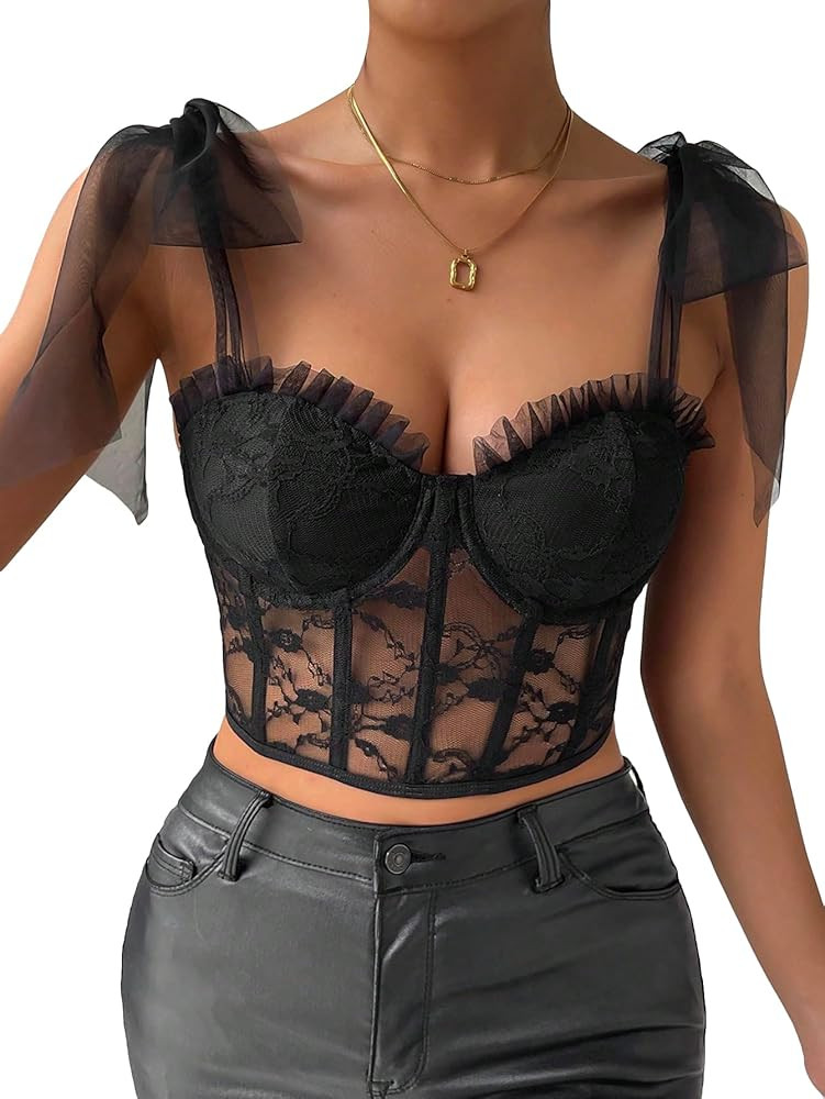 COZYEASE Women's Tie Shoulder Frill Trim Contrast Mesh Lace Crop Wide Strap Top Black Medium | Amazon (US)