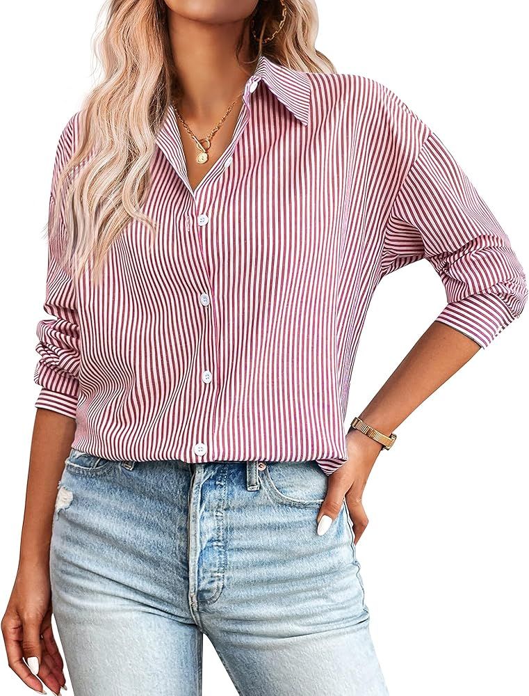 Zeagoo Striped Button Down Shirts for Women Casual Loose Long Sleeve Shirts Business Work Tunic T... | Amazon (US)