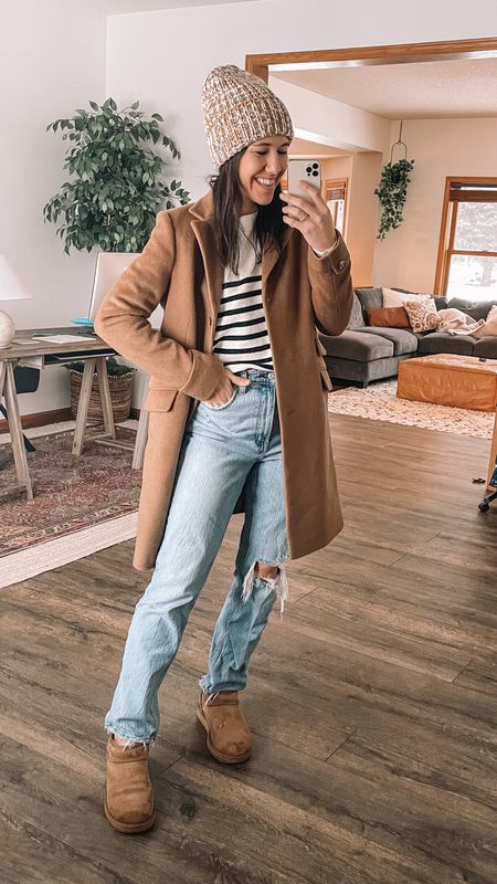 Wool jacket winter outfit
Abercrombie jeans
Striped sweater, oversized sweater
Winter outfits 
Casual outfit 
Ultra mini Ugg boots 
Winter hat
Amazon fashion, amazon finds 

#LTKunder100 #LTKSeasonal #LTKFind