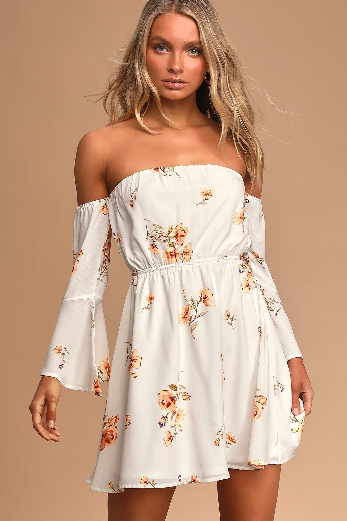 Lush Gardens Ivory Floral Print Off-The-Shoulder Mini Dress | Lulus (US)