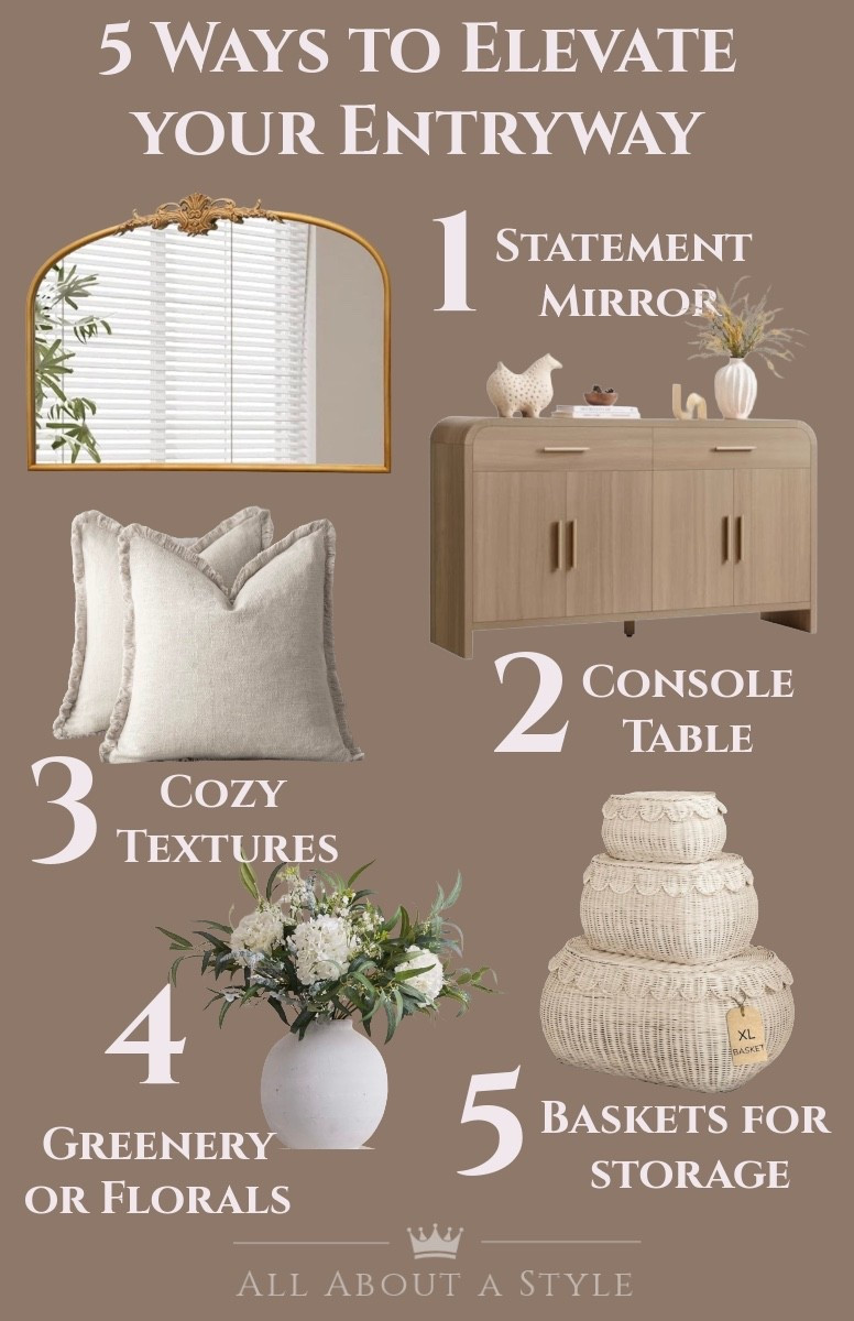 No full makeover needed—just a few intentional pieces:
• A statement mirror
• Consile Table 
• Cozy Textures 
• Baskets for Storage 
• Greenery or Florals 

Simple, elevated, and effortless.

Shop all my go-to pieces here!

#entrywaystyling #homeformula #ltkhome #modernliving #neutralstyle #homeideas #simpledecor