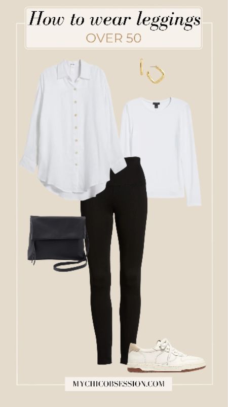For the foundation of this look, pair these quintessential black leggings with a simple long-sleeved crewneck shirt. Layer your linen shirt on top, wearing it unbuttoned and rolling up both of your sleeves together for an extra polished element. A crossbody bag adds function and charm to the look, while gold square earrings add a bit of femininity.

#LTKstyletip #LTKover40