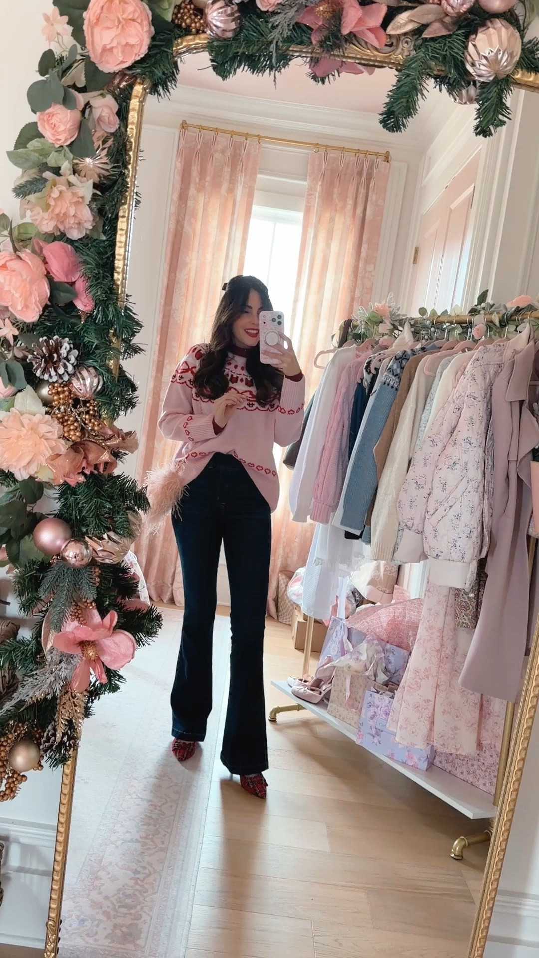 Festive pink and red Christmas outfit! Love these spanx jeans for postpartum too! Wearing a Small so would say they are true to size  

#LTKmomlife #LTKHoliday #LTKootd