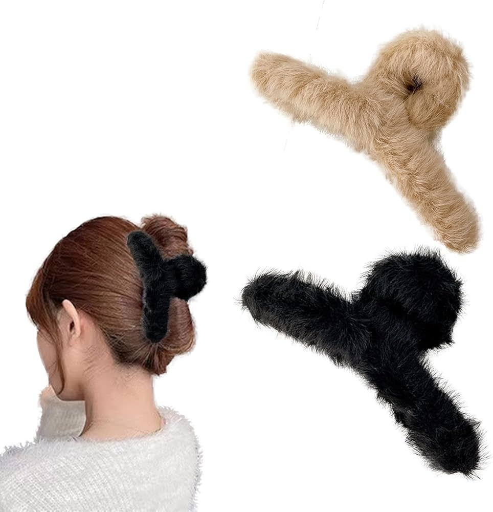 GRHOSE 2PCS Plush Hair Claw Clips Cute Hair Clips Super Grip Faux Fur Claw Hair Clips for Women (... | Amazon (US)