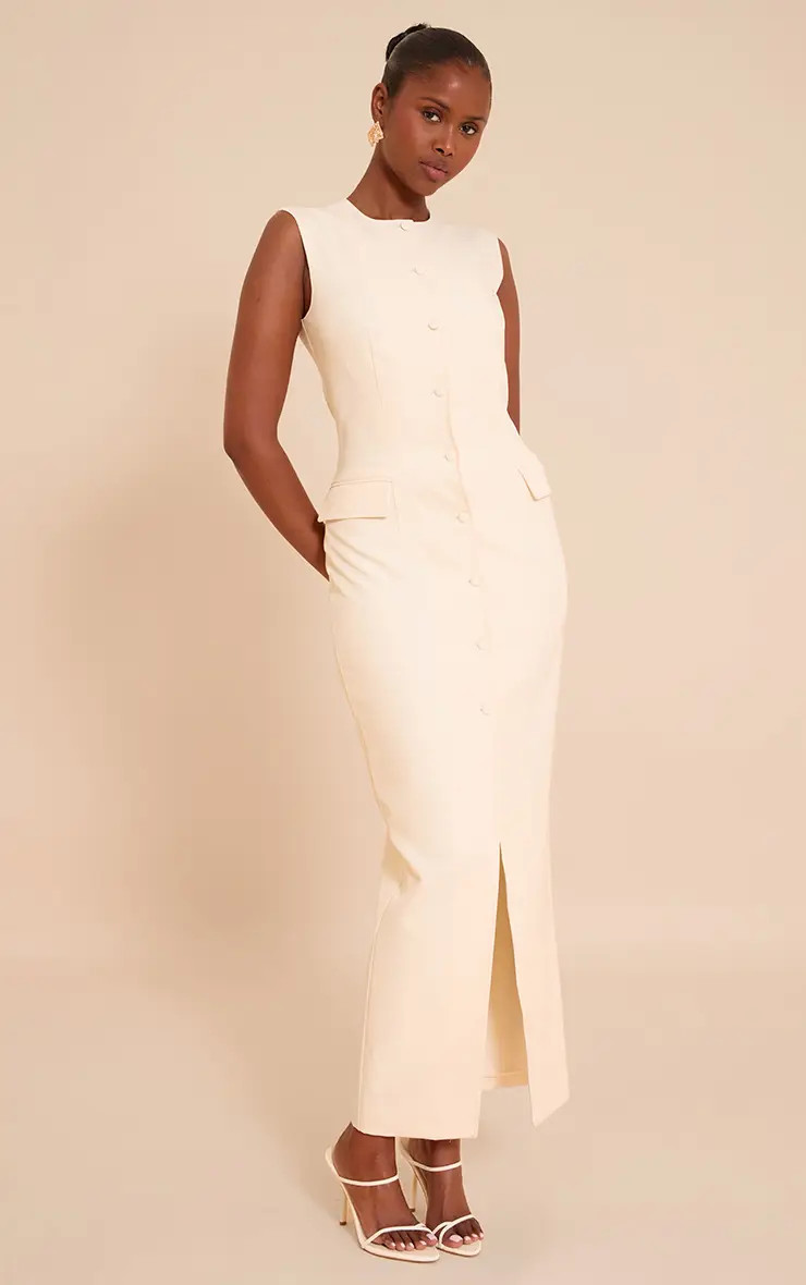 Butter Cream Woven Button Maxi Dress | PrettyLittleThing US