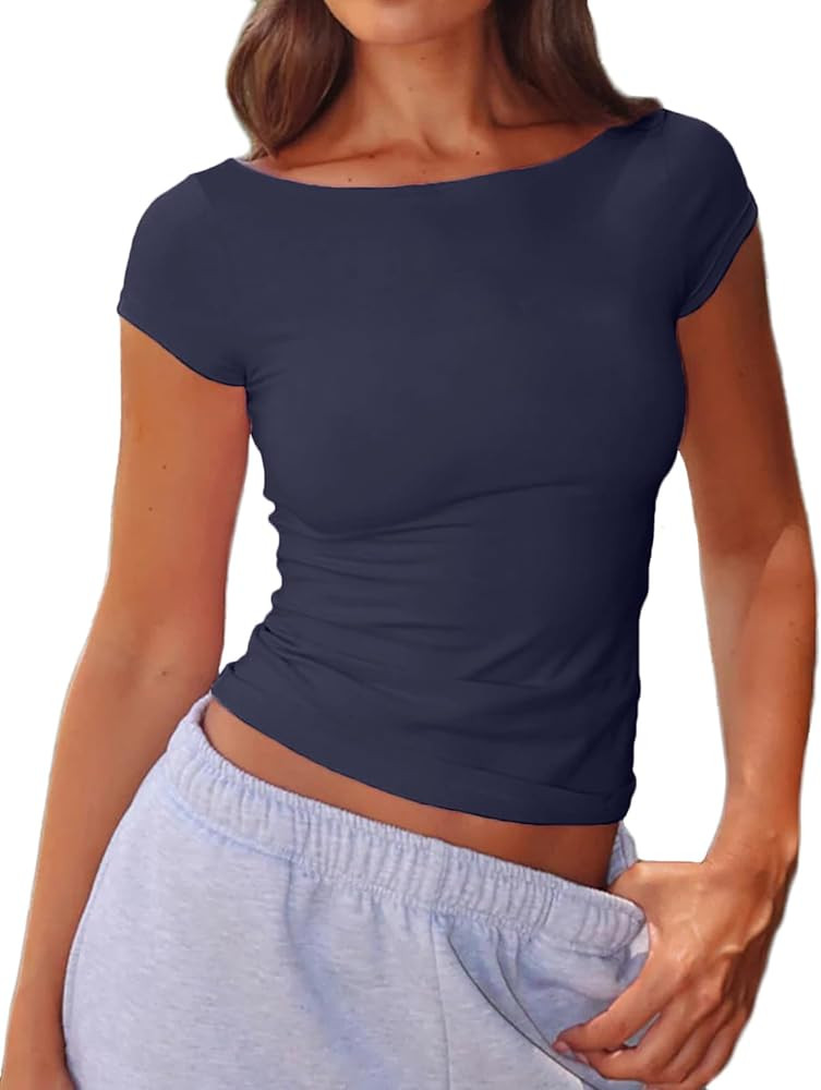 Women's Sexy Boat Neck Short Sleeve Baby Tees Soft Cotton Summer T-Shirts | Amazon (US)