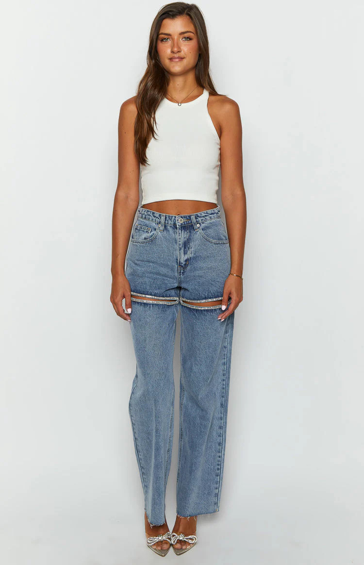 Gem Diamante Trim Wide Leg Denim Jeans | Beginning Boutique (US)