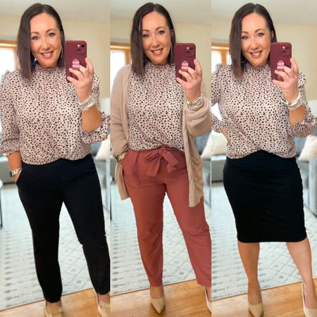 Amazon blouse perfect for workwear. XL blouse. Size L pants. Size xl skirt. Sized up one. Sized up half a size in the heels. Flats fit tts. Size large cardigan  

#LTKcurves #LTKunder50 #LTKworkwear