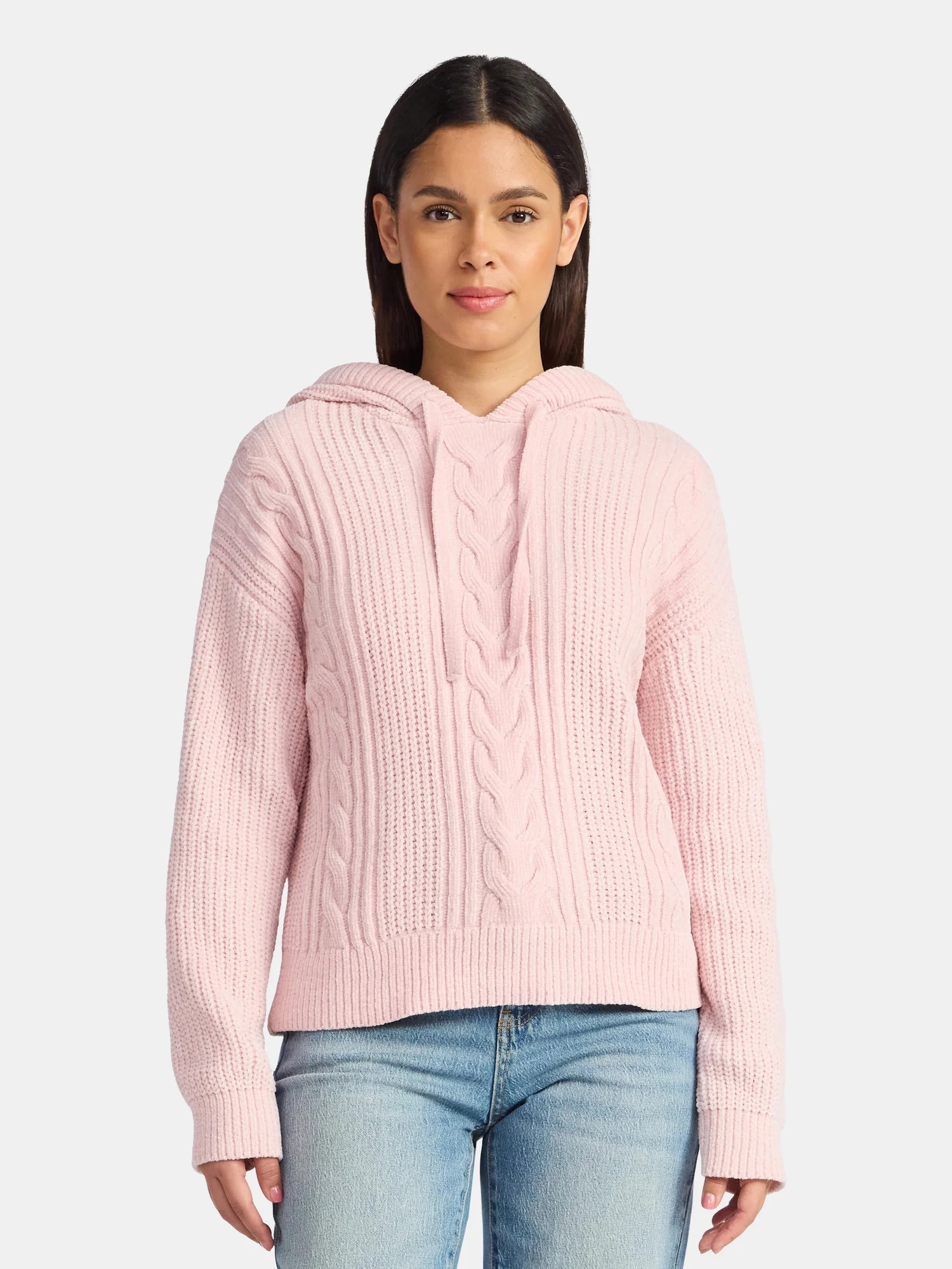 Time and Tru Women's Velveteen Hoodie Pullover Sweater with Long Sleeves, Sizes XS-XXXL | Walmart (US)