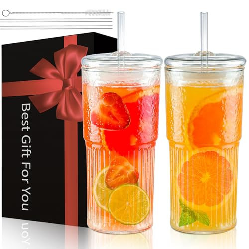 2 Pack Drinking Glasses,Glass Cups with Lids and Glass Straws,20oz Glass Tumbler with Straw and Lid,Iced Coffee Glass Cups with Lids for Bubble Tea,Beer,Smoothie, Juice,Best Gifts for Women | Amazon (US)