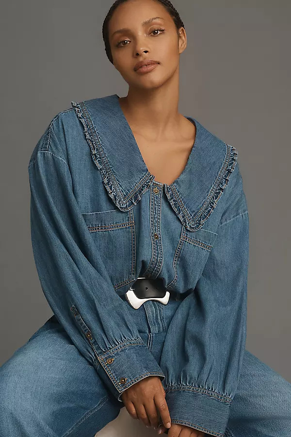 Pilcro Frill-Collar Denim Buttondown Shirt | Anthropologie (US)
