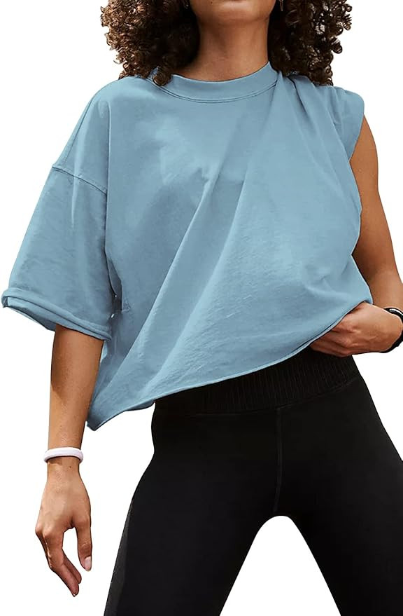 Oversize Crop Tops T-Shirts Short Sleeve Drop Shoulder Loose Tees | Amazon (US)
