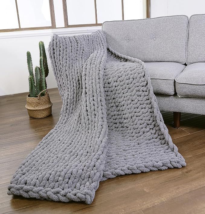 Chunky Knit Blanket, Hand Made Soft Warm Knitted Chenille Blanket Dark Grey 40"x60" - Machine Was... | Amazon (US)