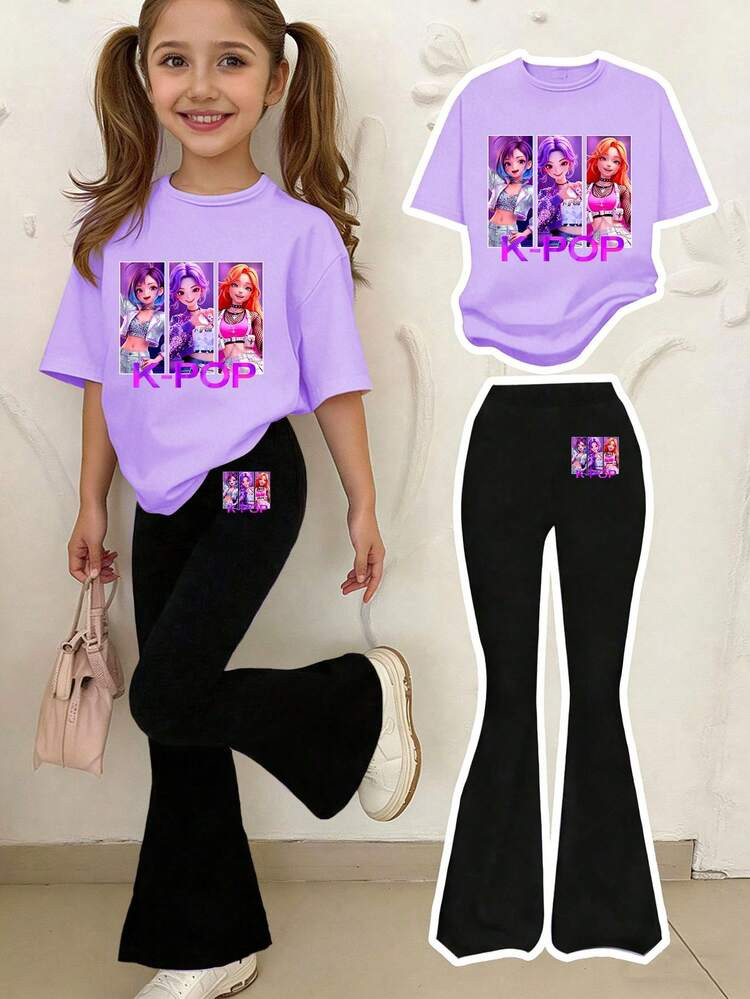 1 Set Young Girl Casual Comfortable K-POP Girl Group Cartoon Girl Print Short Sleeve Round Neck T-Shirt And Flare Pants Set, Fashionable Leisure, Suitable For Spring And Summer Outfit | SHEIN