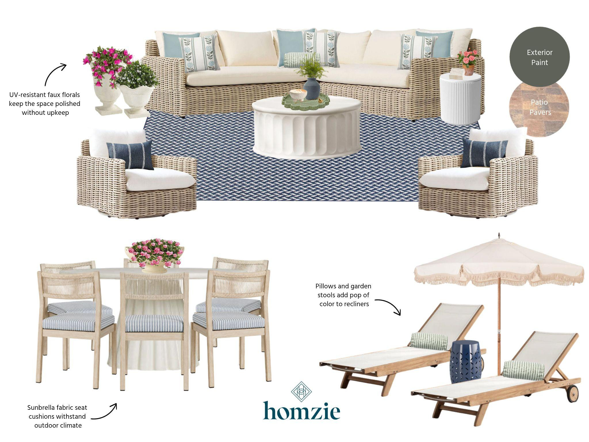 Create an outdoor retreat you'll never want to leave. ☀️🌿

Designed for everything from quiet mornings to evening gatherings, this patio layers comfortable lounge seating, a cozy dining area, and relaxing chaise loungers into one cohesive outdoor oasis. Woven textures, soft neutrals, and classic blue accents create a timeless coastal feel, while UV-resistant faux florals, Sunbrella® cushions, and durable outdoor materials make the space as practical as it is beautiful. Finishing touches like colorful garden stools and a fringed umbrella add personality and charm to every corner.

Your backyard deserves to feel like a vacation. 🤍

#LTKHome #OutdoorLiving #PatioDesign #BackyardInspo #OutdoorDecor #CoastalStyle #HomeDecor #OutdoorOasis #LTKCreator 

 