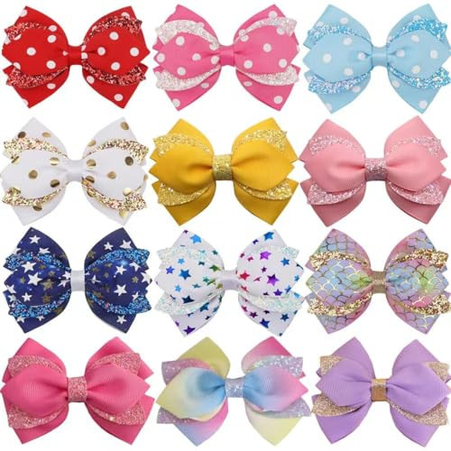 12pcs 4 Inch Hair Bows for Girls - Christmas Hair Clips with Alligator Clip, Glitter & Sparkly Ribbon Bows - Barrettes & Hairpins for Teens, Toddler, Kids | Amazon (US)