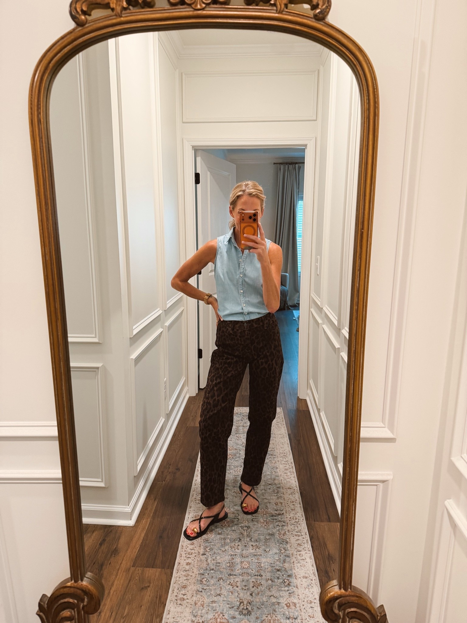 These new Scenario leopard pants from Walmart are such a fun fall statement piece, paired with my tried-and-true J.Crew Factory chambray button-down and easy Walmart sandals. This is exactly the kind of outfit I love: comfortable, polished, affordable, and easy enough for everyday wear.

Perfect fall workwear, teacher outfit, casual office style, over 40 fashion, over 50 style, Walmart fashion, leopard print pants, chambray shirt outfit and an easy transitional fall outfit.