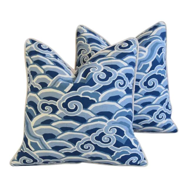 Kravet Coastal Nautical Wave Feather/Down Pillows 24" Square - Pair | Chairish