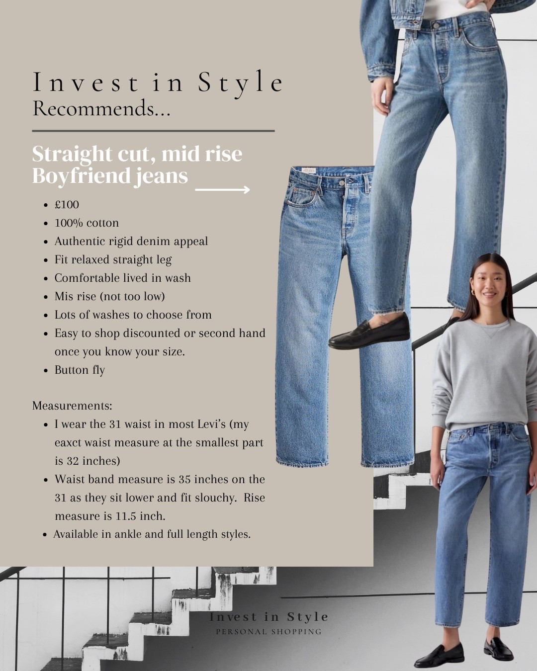 My personal favourite everyday jeans on Sale .. . Authentic straight leg 
Comfortable 100% cotton rigid denim
Easy to throw on and go. 
The exact wash I have is in love with you blue - first pair linked ) 
All measurements in image 
I wear 31 waist in Levi’s ( I’m a U.K. 14) 
Fit is relaxed but not baggy. 

Ad 

#LTKmomlife #LTKMidsize #LTKSpringSale