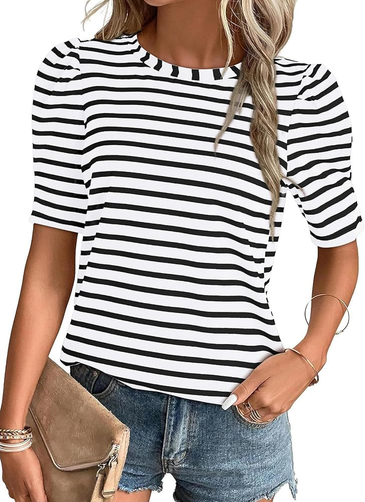 Dokotoo Women's Casual Short Puff Sleeve Crew Neck Striped T Shirts Summer Tops | Amazon (US)