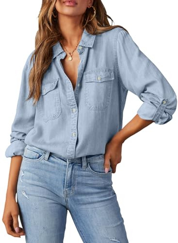 Astylish Women Denim Button Up Shirts Chambray Blouse V Neck Lightweight Long Sleeve Soft Jean Shirt Beau Blue Small | Amazon (US)