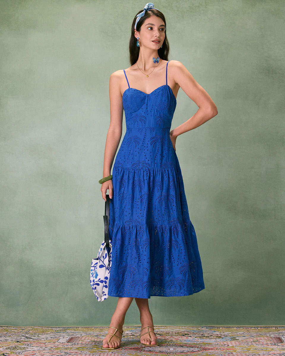The Blue Sweetheart Neck Embroidery Slip Midi Dress | rihoas.com