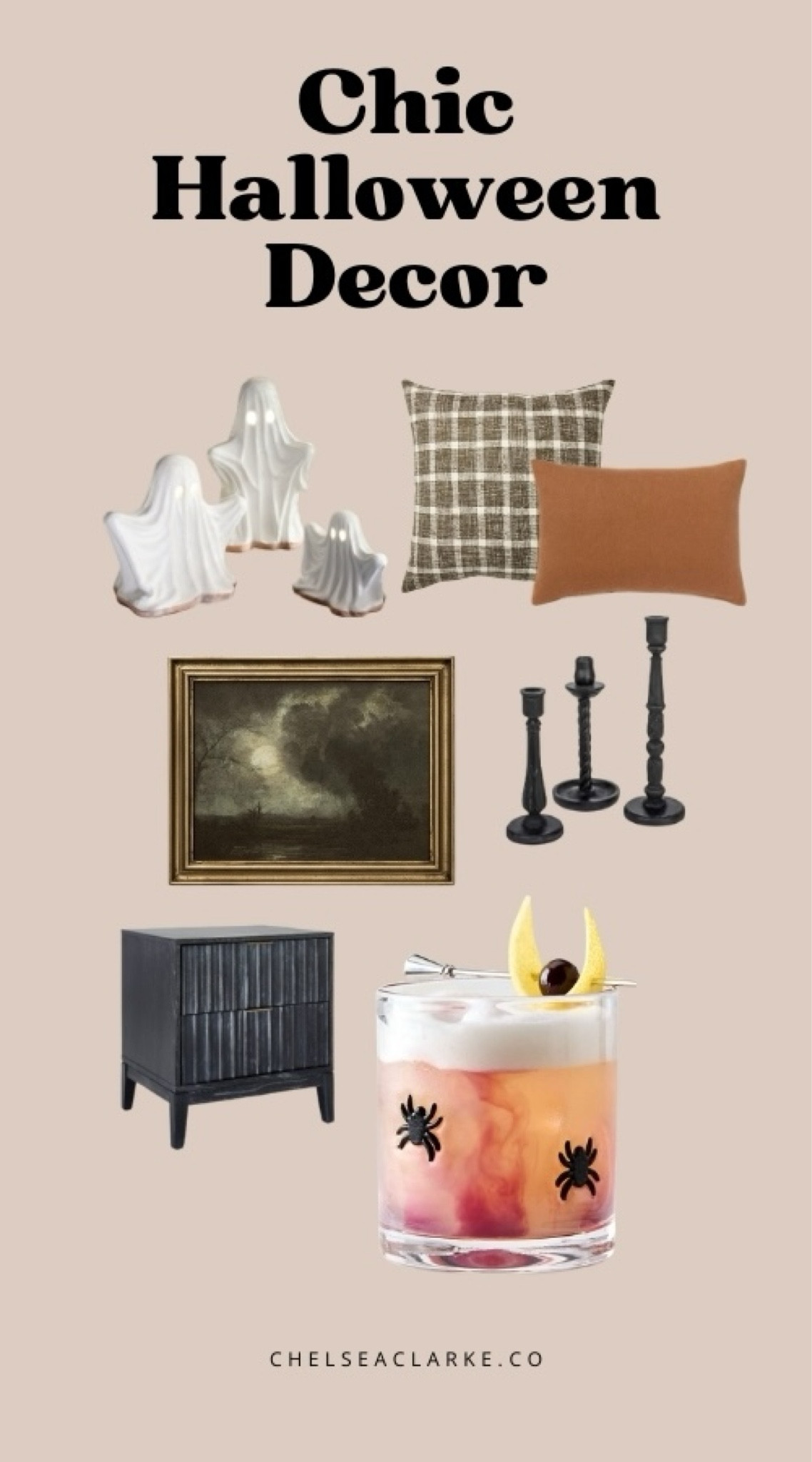 Gorgeous Halloween Party Decor - Chic halloween classy Halloween decor, ghost candles, Fall aesthetic pillows, Mcgee and co art print, black candle sticks, black bedside table, spider cocktail glasses. Great halloween party decor inspiration. 

#LTKFallSale #LTKSeasonal #LTKHome