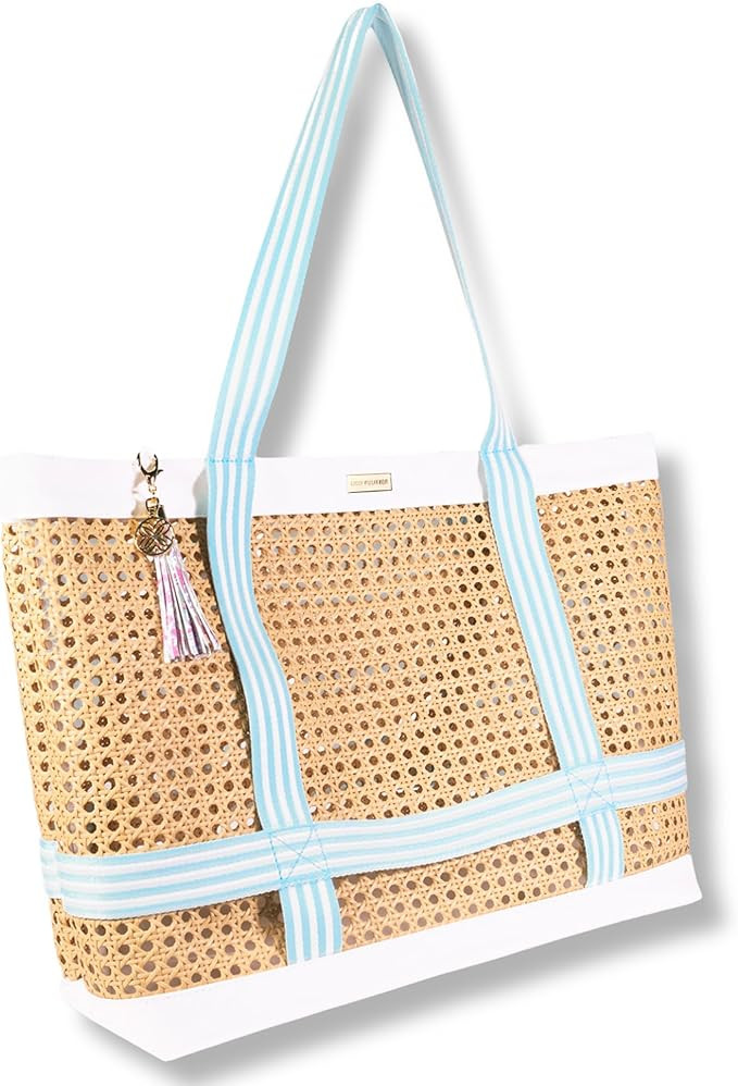 Lilly Pulitzer Large Travel Tote Bag with Hat Holder Strap, Caning Beach Bag with Tassel Keychain... | Amazon (US)