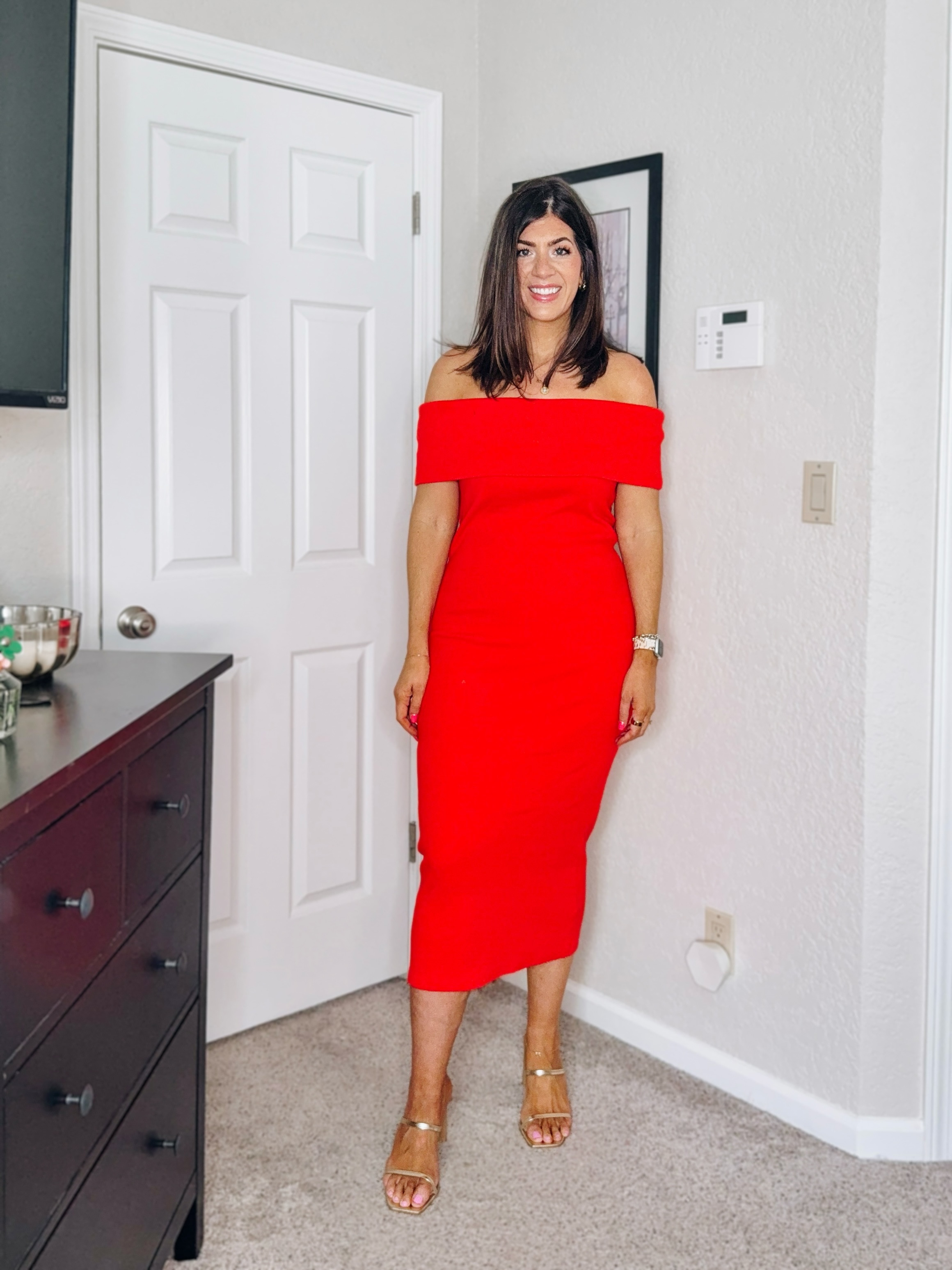 In a medium off the shoulder dress 

#LTKMidsize #LTKFindsUnder50 #LTKStyleTip