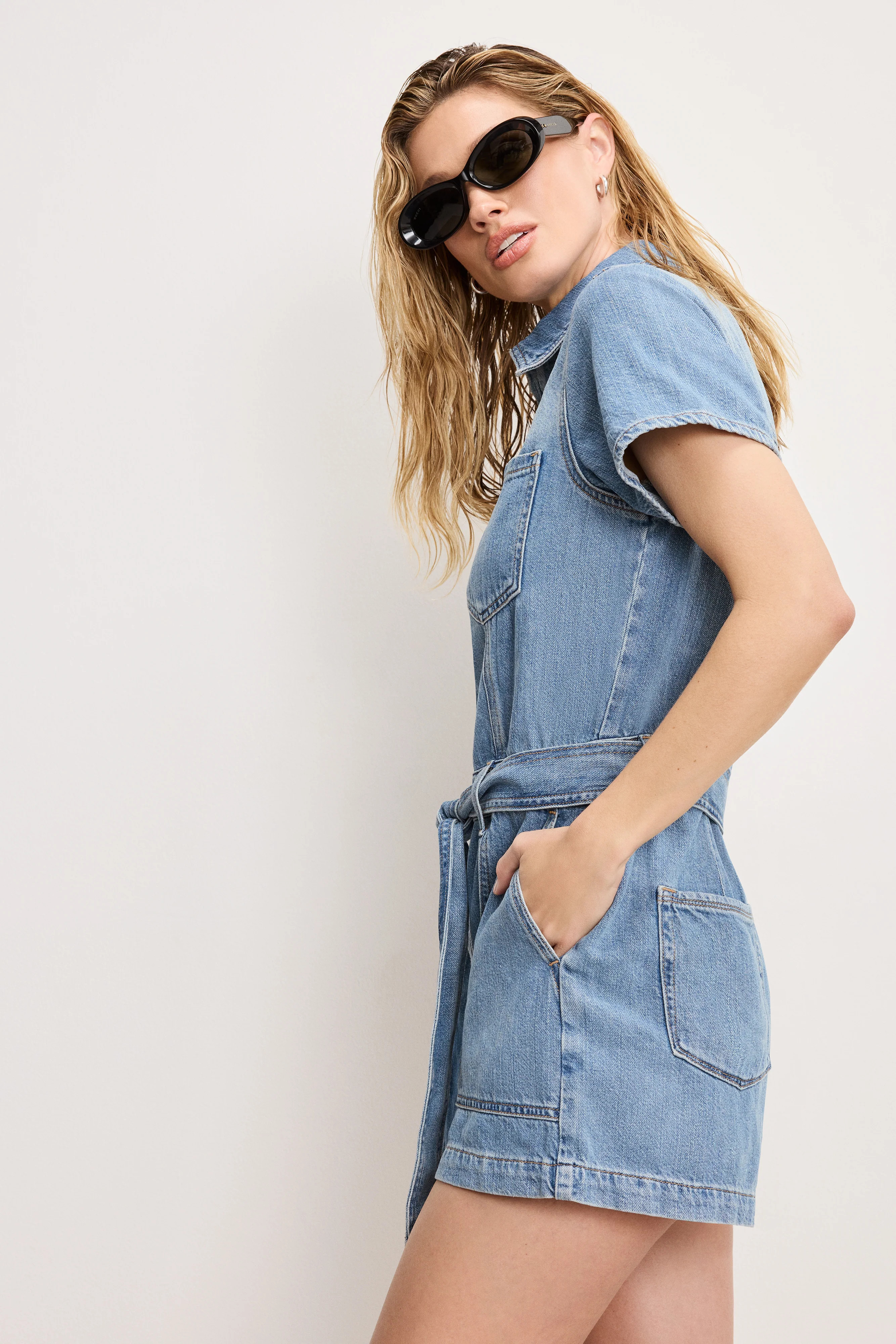 FIT FOR SUCCESS LITE LINEN DENIM SHORTS JUMPSUIT | INDIGO786 - GOOD AMERICAN | Good American