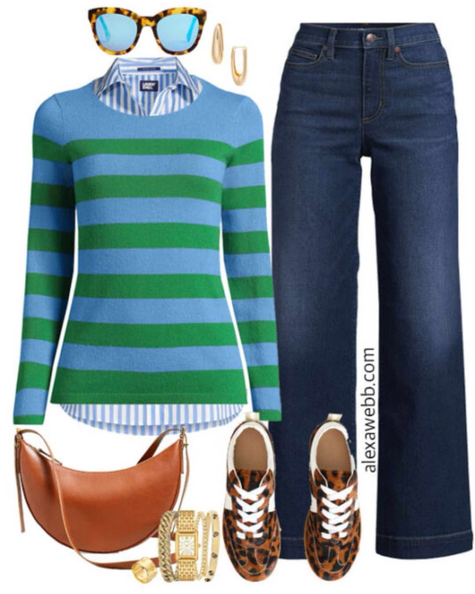Plus Size Fall Preppy Outfits - A plus size casual outfit idea with wide leg jeans, a blue stripe sweater, leopard sneakers, and crescent crossbody bag. Alexa Webb

#LTKStyleTip #LTKPlusSize #LTKShoeCrush
