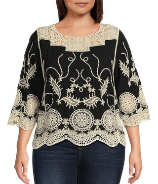 Leo & Nicole Plus Size Woven Scattered Embroidered Lace Scoop Neck 3/4 Sleeve Top | Dillard's | Dillard's